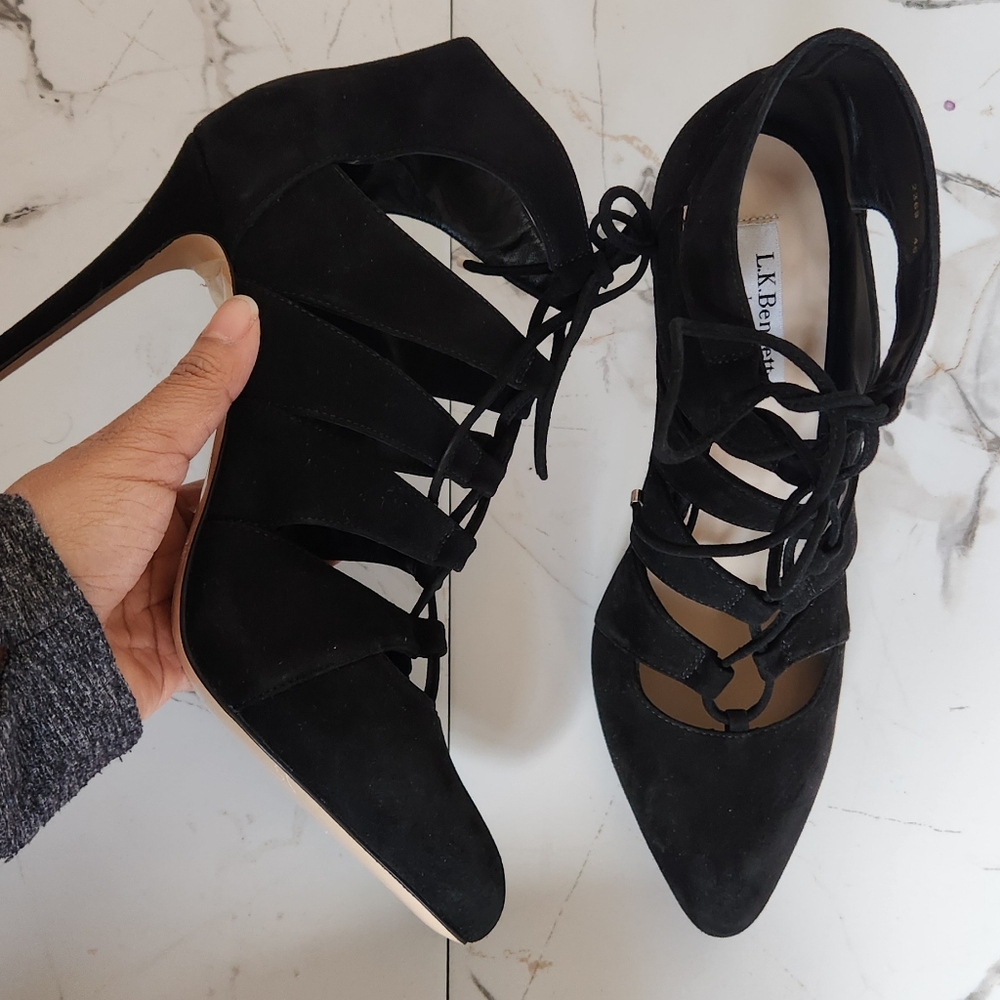 Lk Bennet black suede bootie lace up heel size 40